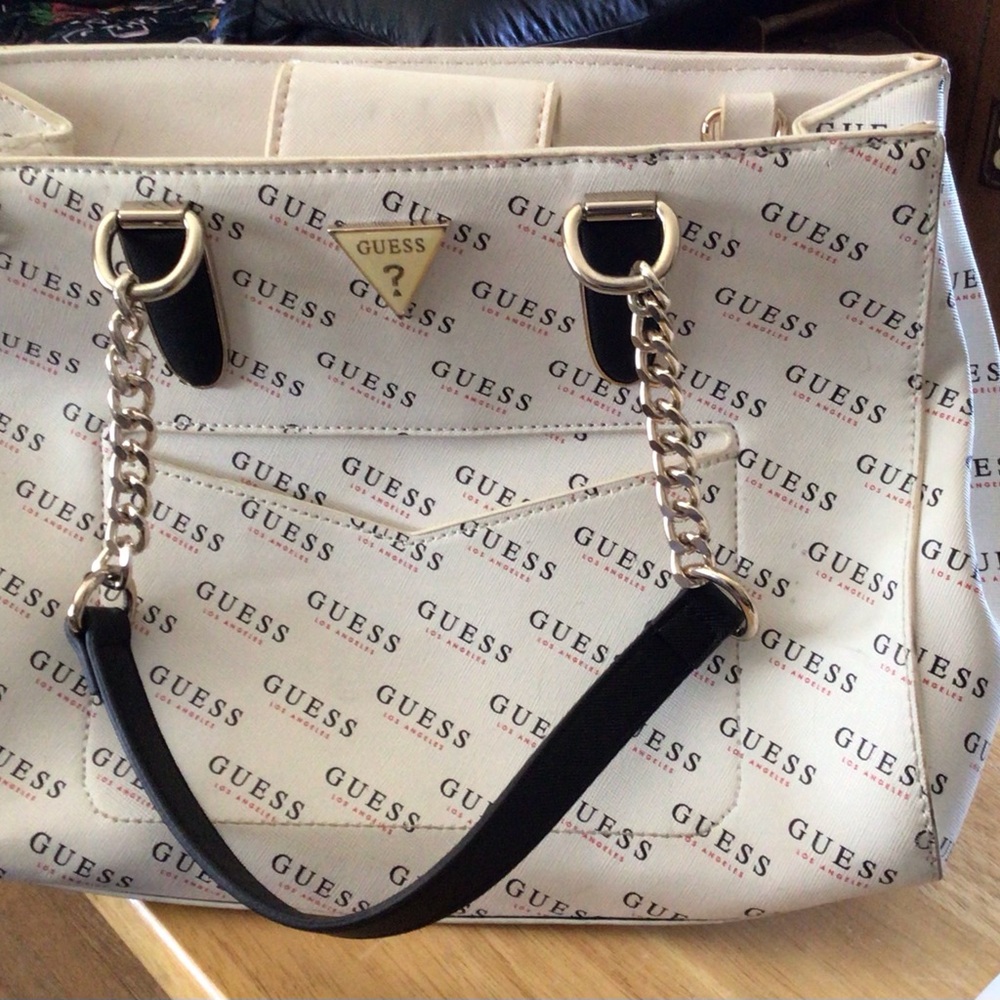 GUESS Logo Print Cream and Black Tote